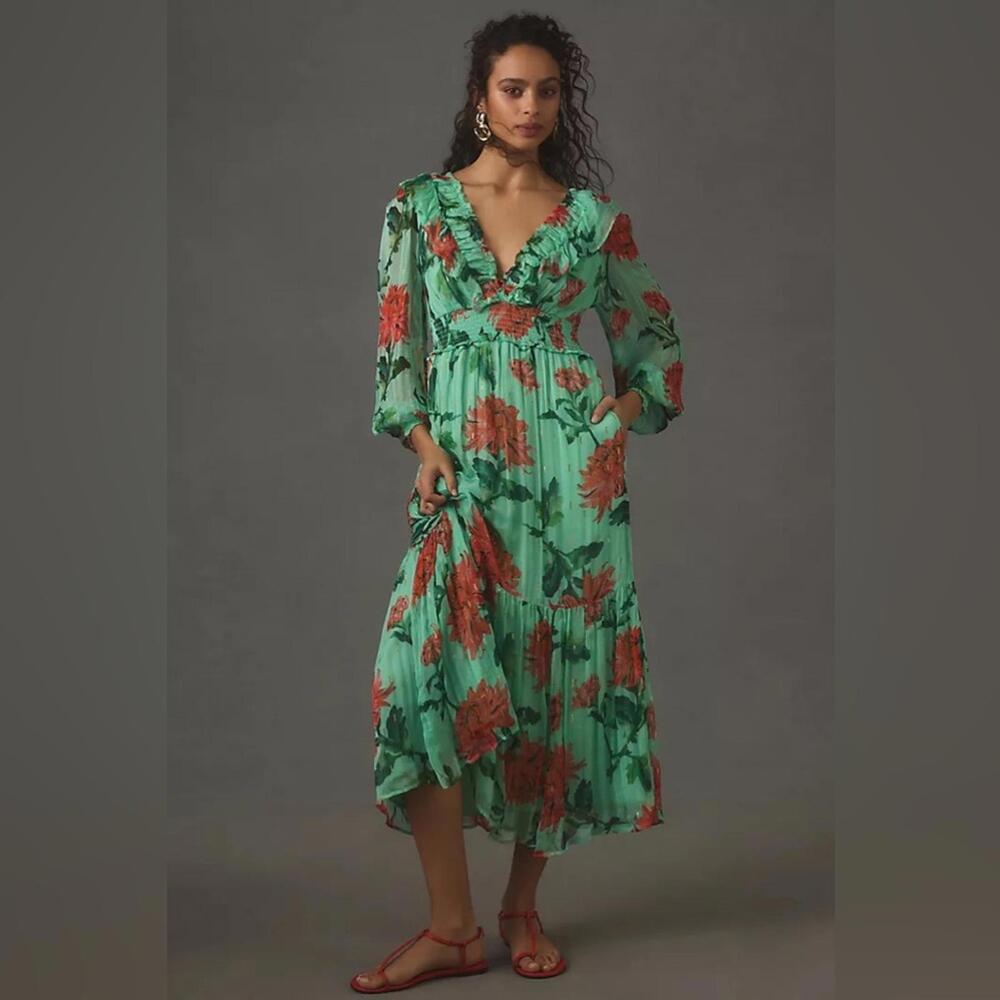 Anthropologie - The Odetta Ruffled V-neck Dress, size L